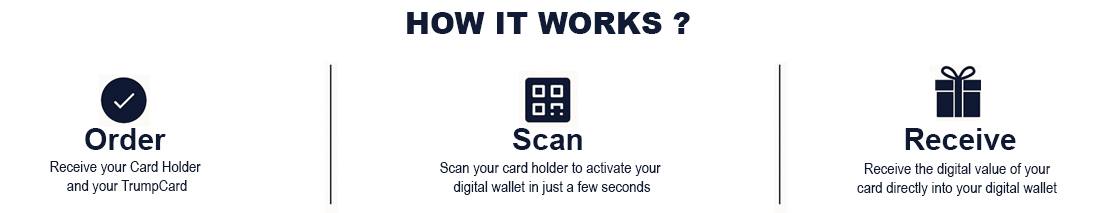 Discover TrumpCard in 3 simple steps: order, scan, and instantly receive your card’s digital value in your e-wallet. Discover TrumpCard in 3 simple steps: order, scan, and instantly receive your card’s digital value in your e-wallet.